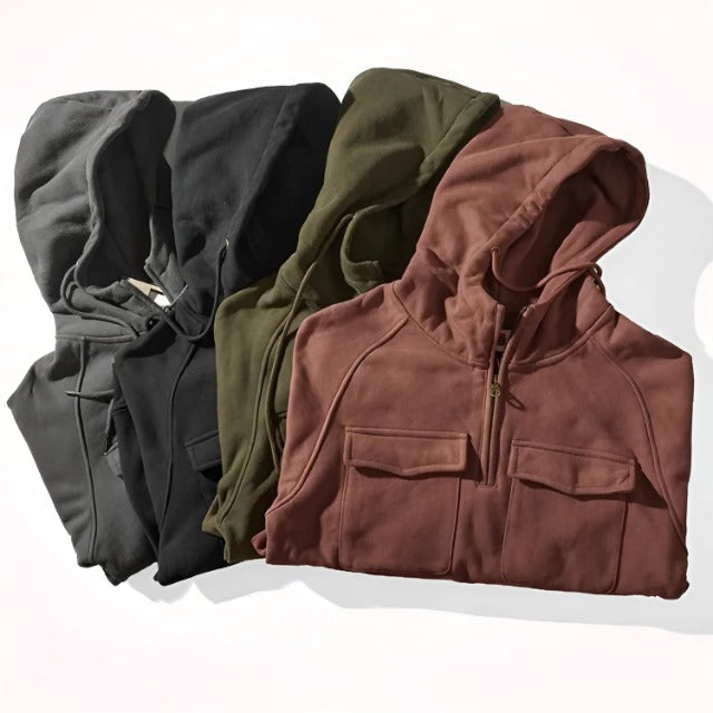 Hooded Sweatshirt with Half Zipper for Men | Multiple Pockets