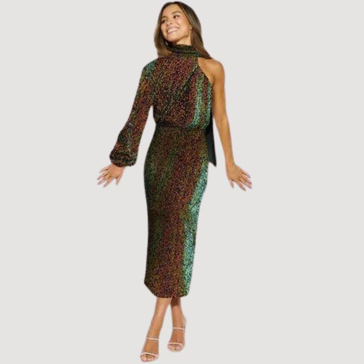 Vestido Midi De Lentejuelas Con Un Solo Hombro Para Mujer | Año Nuevo