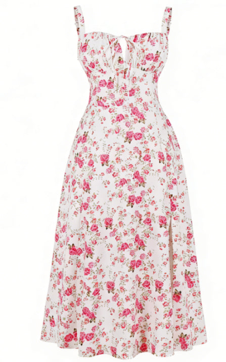 Sukienka bez rękawów z dekoltem w serek i kwiatowym wzorem dla kobiet | Midi