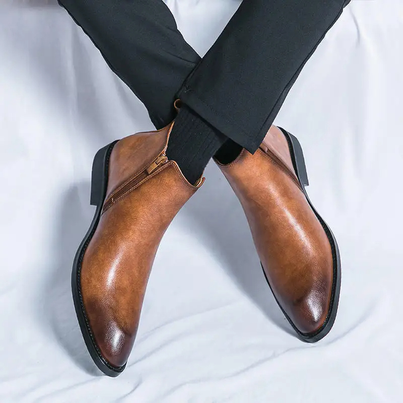 Botines De Tacón Bajo Para Hombre | Cremallera Lateral