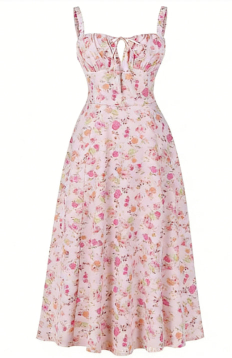 Sukienka bez rękawów z dekoltem w serek i kwiatowym wzorem dla kobiet | Midi