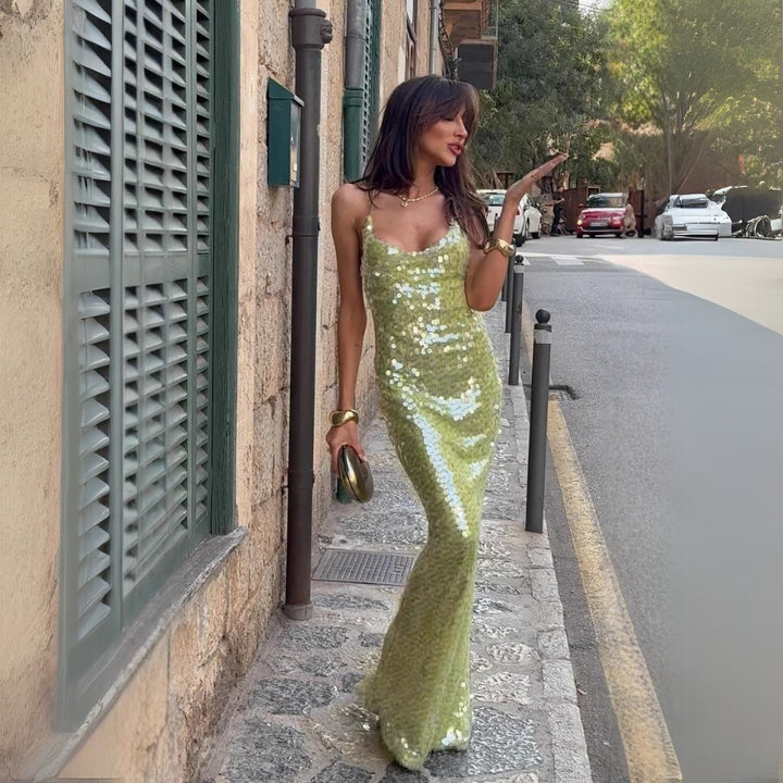 Vestido Largo De Lentejuelas Para Mujer | Verde | Año Nuevo