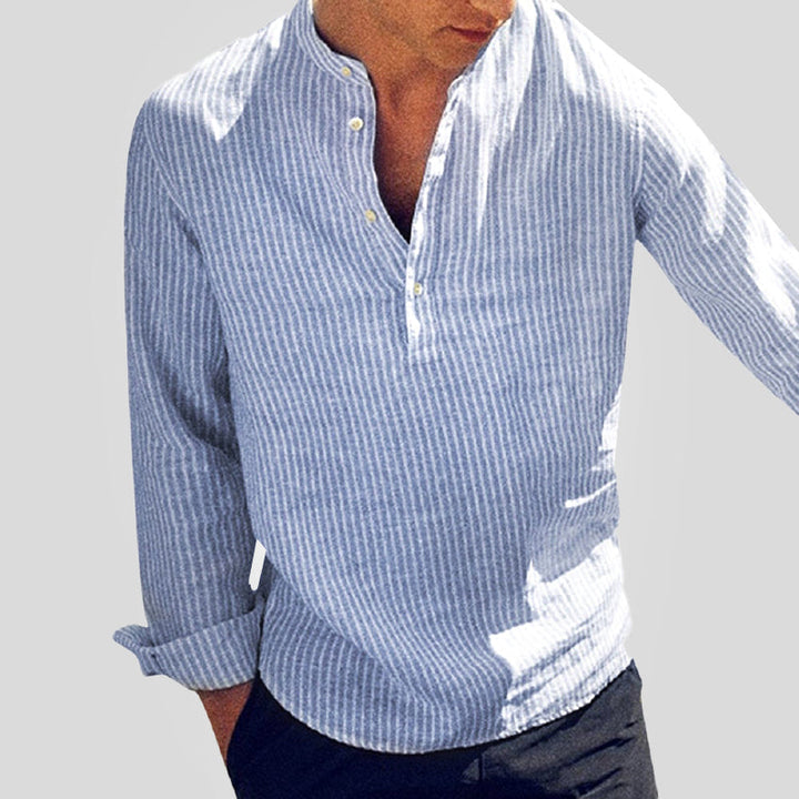 Camisa De Verano A Rayas Para Hombre Con Cuello Henley | Manga Larga