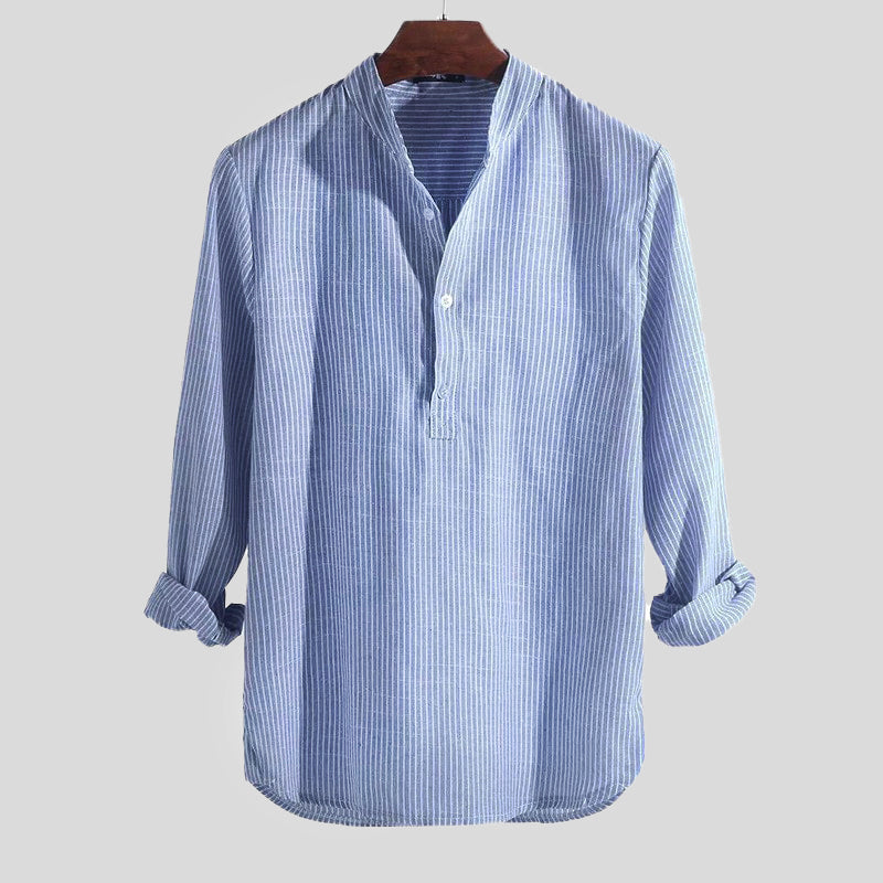 Camisa De Verano A Rayas Para Hombre Con Cuello Henley | Manga Larga