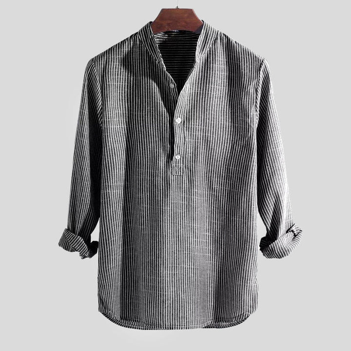 Camisa De Verano A Rayas Para Hombre Con Cuello Henley | Manga Larga