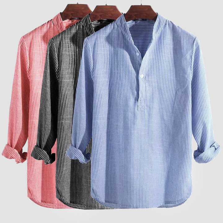 Camisa De Verano A Rayas Para Hombre Con Cuello Henley | Manga Larga