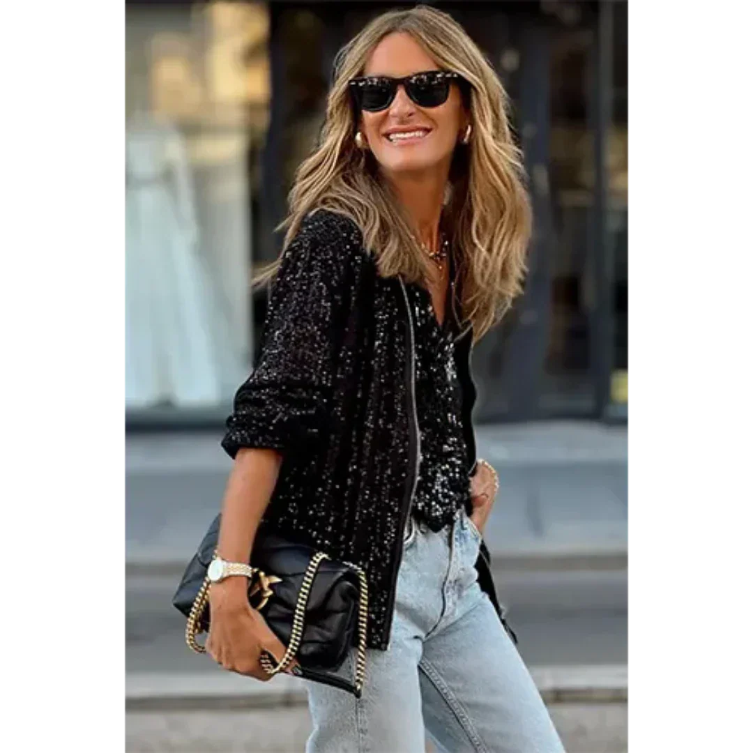 Chaqueta Corta Con Cremallera Para Mujer | Lentejuelas