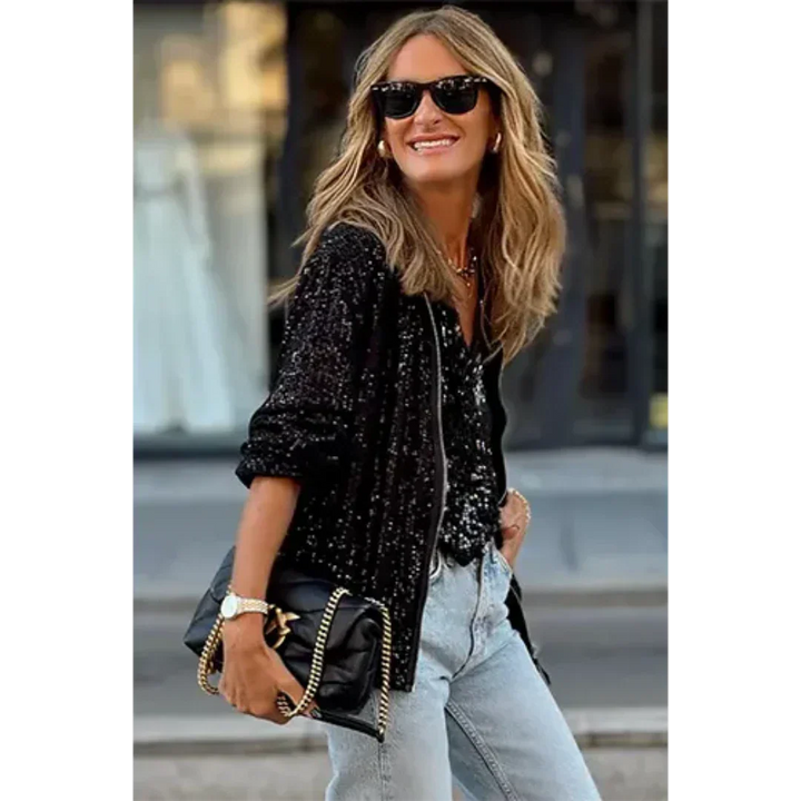 Chaqueta Corta Con Cremallera Para Mujer | Lentejuelas