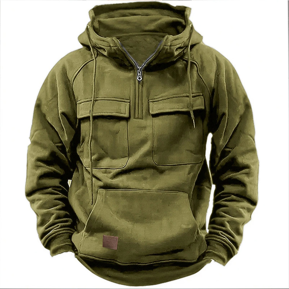 Hooded Sweatshirt with Half Zipper for Men | Multiple Pockets