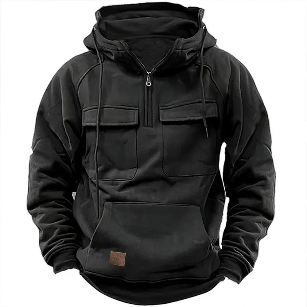 Hooded Sweatshirt with Half Zipper for Men | Multiple Pockets