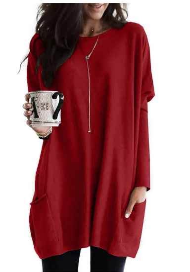 Jersey De Cuello Redondo Largo Para Mujer | Múltiples Bolsillos